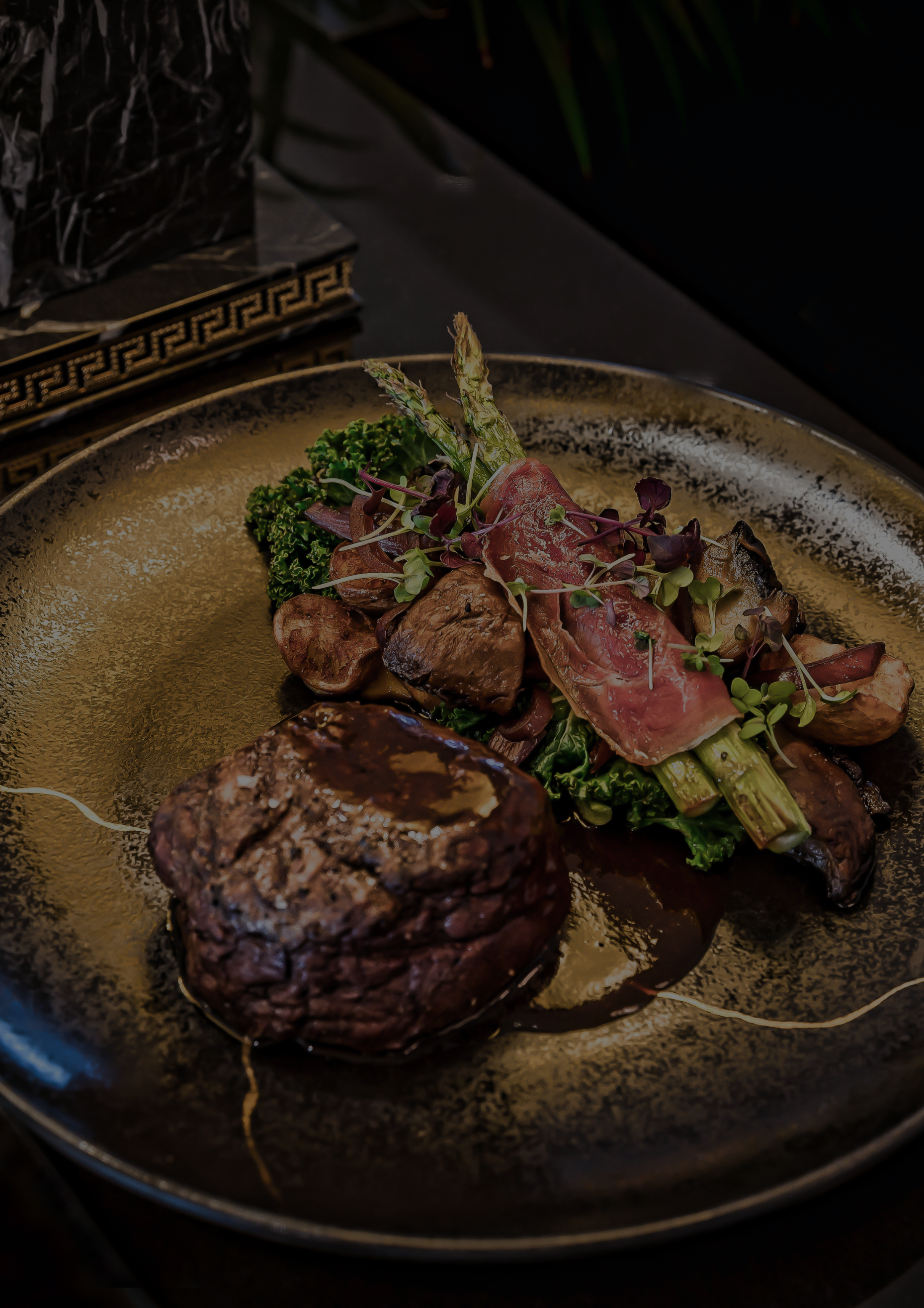 Steak beef asparagus Versace plate meal KEF restaurant hotel keflavik luxury accommodation Iceland travel